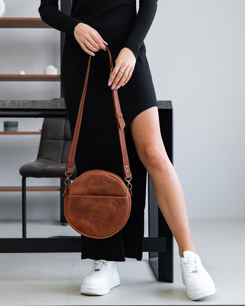 Womens Leather Round Bag, Round Leather Purse, Leather Shoulder Bag, Black Crossbody Bag, Unoque Circle Bag, Small Round Bag, Gifts for Her image 4