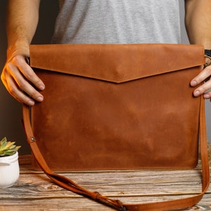 Classic Brown Laptop Pouch, Genuine Leather Case, Stylish Tech Sleeve, Modern Bag, Gift for Student, Gift For Dad, Fathers Day Gift image 3