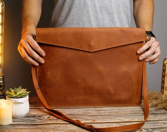 Personalized Leather Laptop Bag with Zipper and Shoulder Strap | Custom Laptop Case for Men and Women