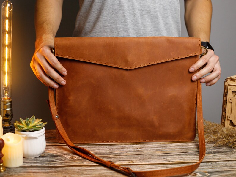 Classic Brown Laptop Pouch, Genuine Leather Case, Stylish Tech Sleeve, Modern Bag, Gift for Student, Gift For Dad, Fathers Day Gift image 3