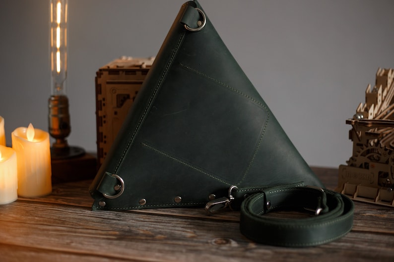 Leather women clutch. Triangle bag. Casual bag. Geometric bag. leather saddle bag, Stylish women bag, unique bag, black Leather purse women image 6