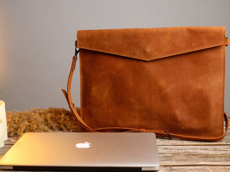 Classic Brown Laptop Pouch, Genuine Leather Case, Stylish Tech Sleeve, Modern Bag, Gift for Student, Gift For Dad, Fathers Day Gift image 9