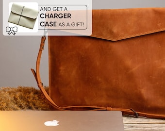 Bolso de cuero hecho a mano para computadora portátil, bolso de hombro, funda para computadora portátil con correa, funda tipo portafolio, funda para MacBook, regalo de Navidad, Black Friday