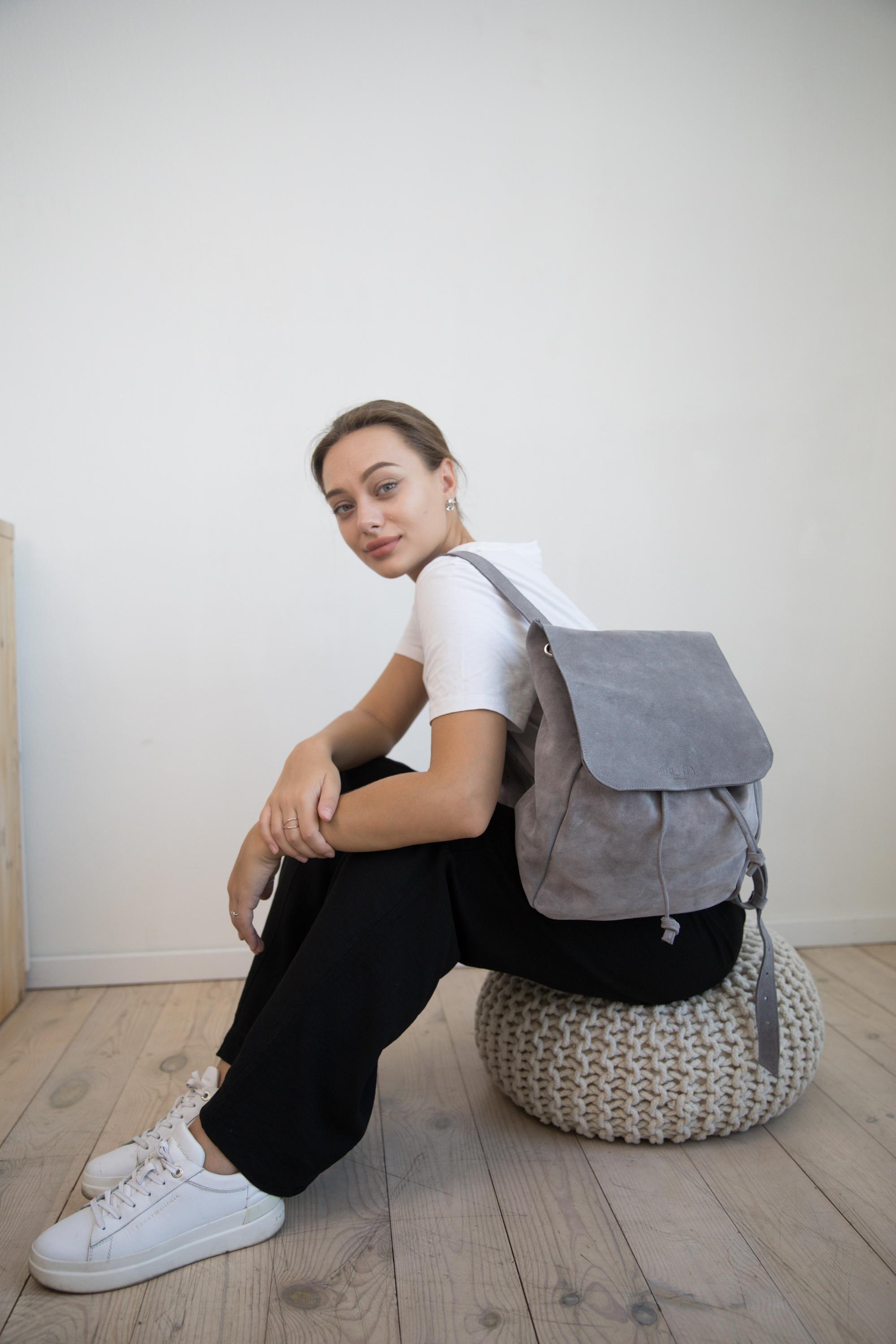 Boho brown suede with silver star design drawstring leather backpack Cowboy Suede Bag | Nam Leather main image 4