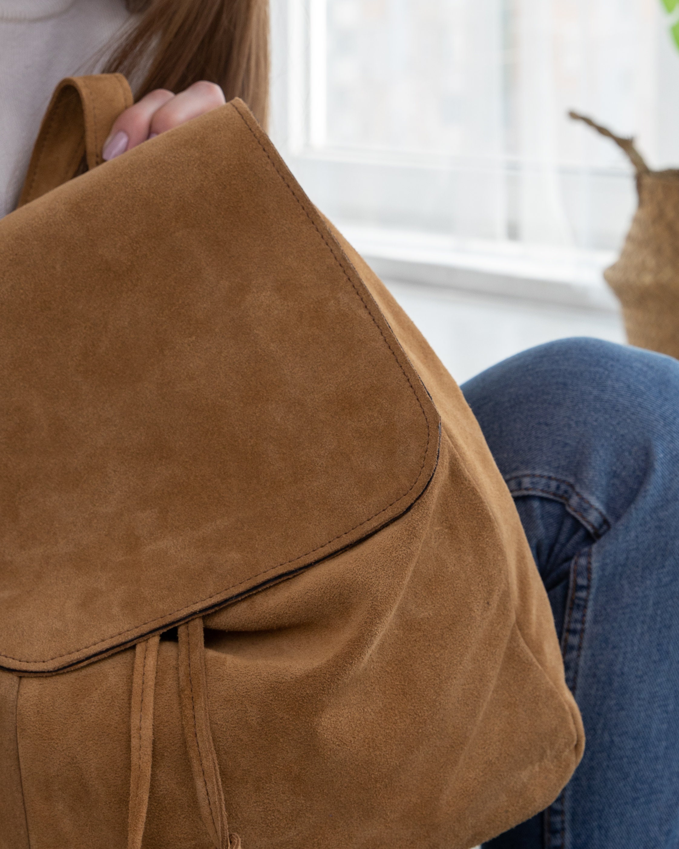 Brown Suede Backpack Leather Backpack Women Cute Backpack Etsy