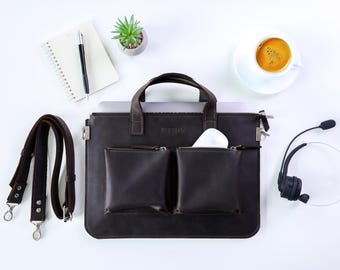 Leather Laptop Sleeve 13 Inch, Personalized Laptop Case with Initials, Slim Leather Briefcase, Custom Laptop Bag for Men and Women