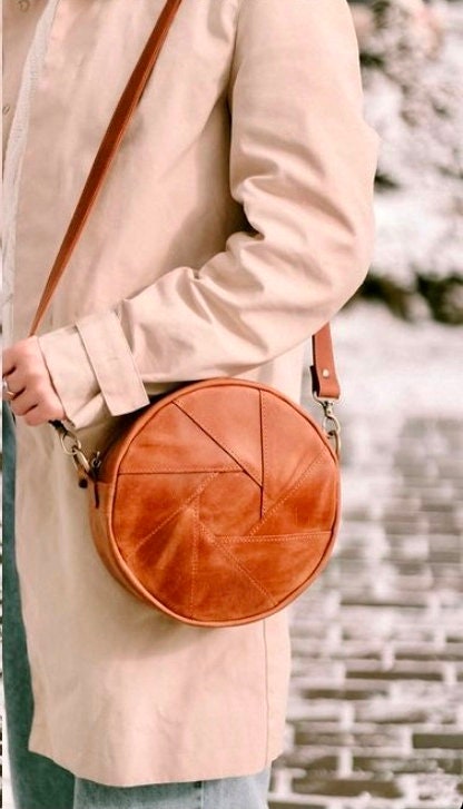 Yellow Round Boho Bag Small Crossbody Circle Bag. Soft Leather 