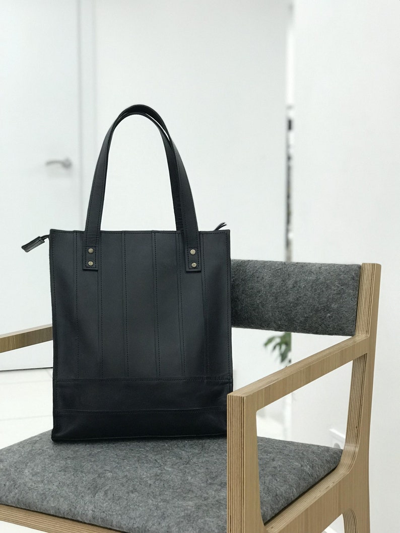 Leather tote bag for woman, Laptop tote bag, Black leather tote, Leather satchel, Leather work bag, Monogram tote bag, Everyday bag image 1