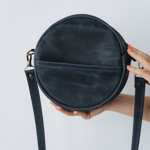 Womens Leather Round Bag, Round Leather Purse, Leather Shoulder Bag, Black Crossbody Bag, Unoque Circle Bag, Small Round Bag, Gifts for Her image 9