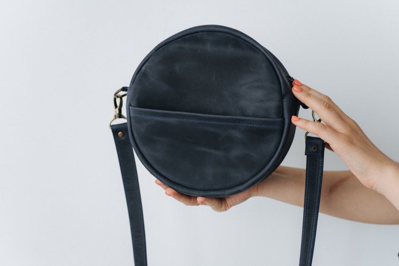 Womens Leather Round Bag, Round Leather Purse, Leather Shoulder Bag, Black Crossbody Bag, Unoque Circle Bag, Small Round Bag, Gifts for Her image 9