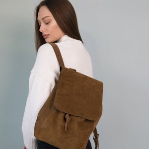 Small leather suede backpack, Vintage backpack women, Suede bag, Mini leather backpack, Soft Suede backpack, Suede handmade backpack cognac