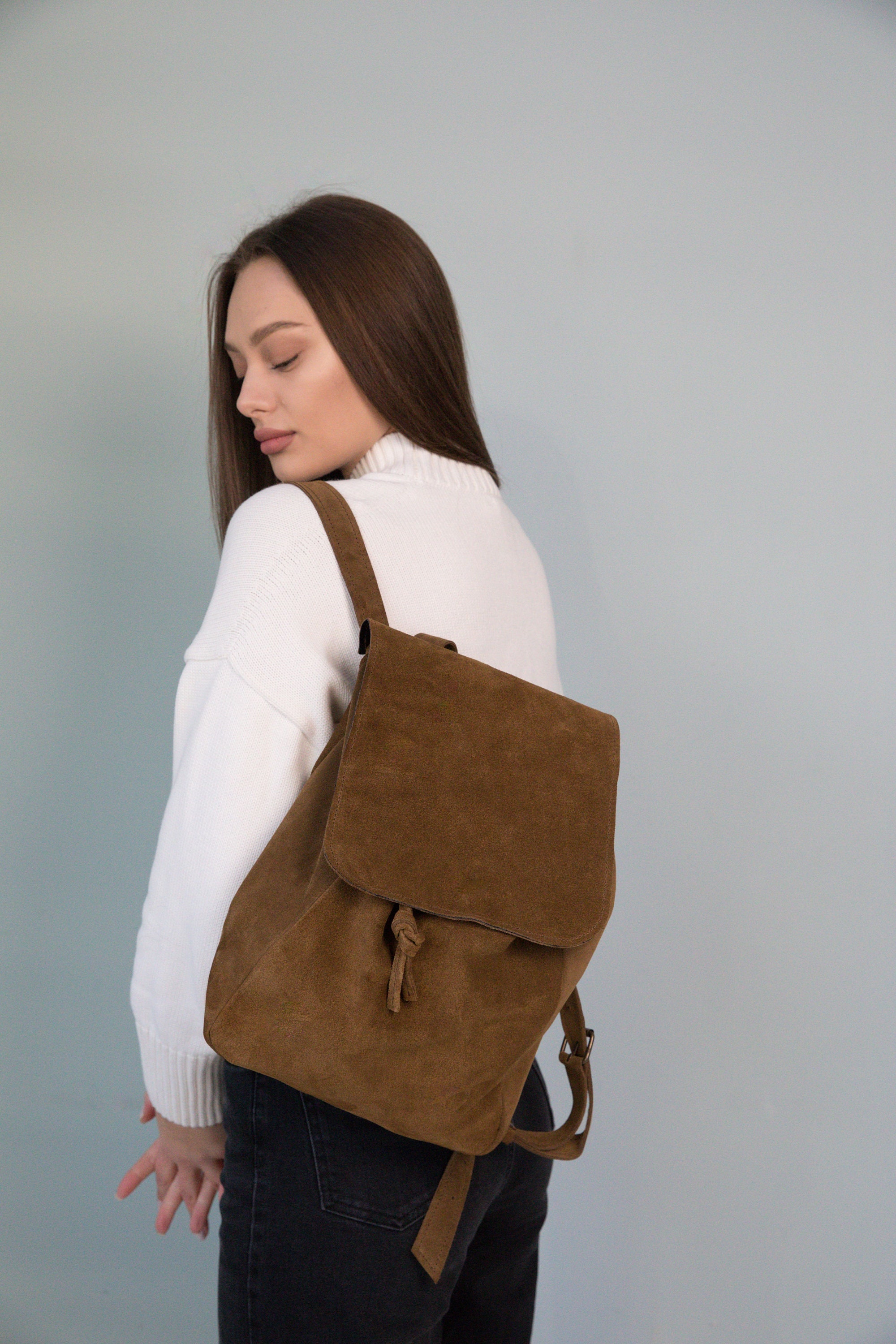 Vintage mixed suede genuine leather backpack mini small size Cyprus kids soft Small Leather Suede Backpack, Vintage Backpack Women, Suede  main image 3