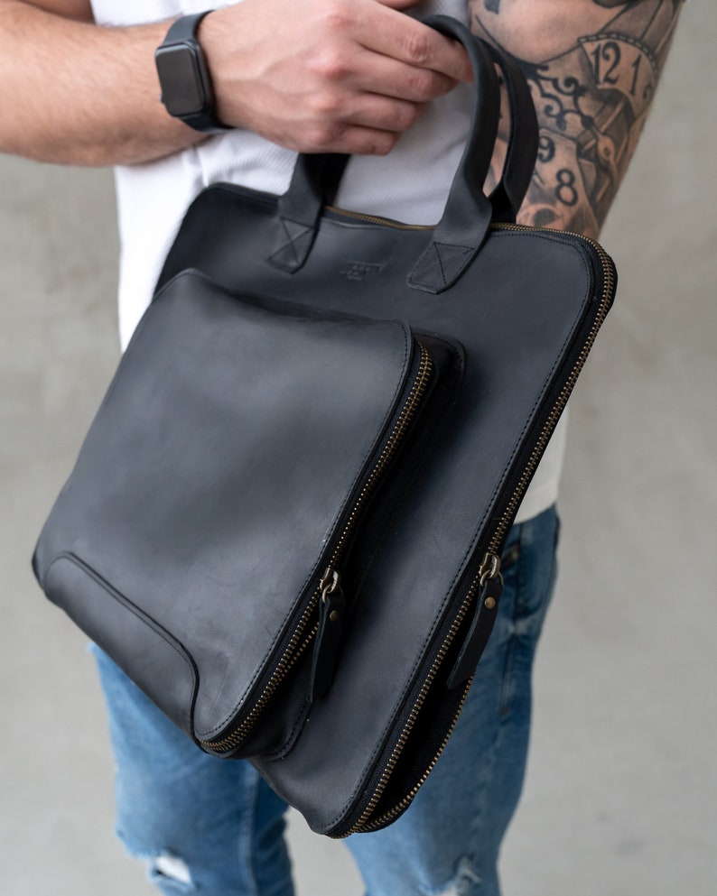 Leather Small Briefcase with Pockets, Black Laptop Bag for Men, Womens satchel purse, Leather satchel bag, Personalized Leather Bag image 7