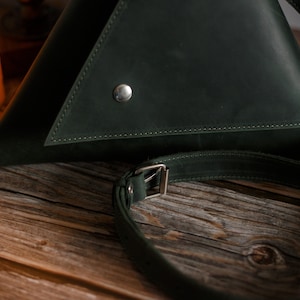 Leather women clutch. Triangle bag. Casual bag. Geometric bag. leather saddle bag, Stylish women bag, unique bag, black Leather purse women image 8