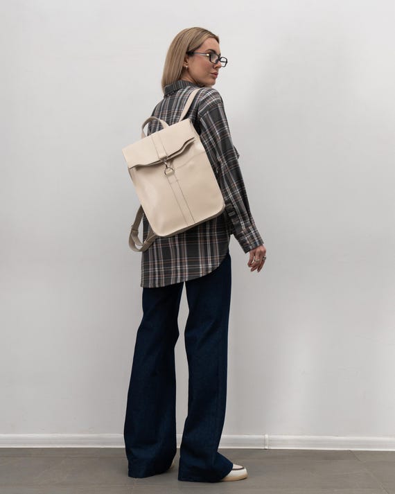 beige leather laptop backpack Women's For Work and College, Apricot / 15 Inches Laptop this backpack is not only luxurious but also durable and long Connect Laptop Backpack in Greige