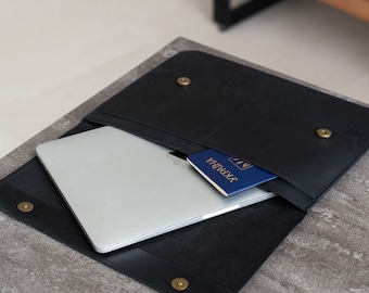Schwarze Leder Laptop Tasche Hülle für Macbook Pro Sleeve, Schutzhülle, Business Geschenk, Boss Geschenk, Weihnachtsgeschenk, Black Friday
