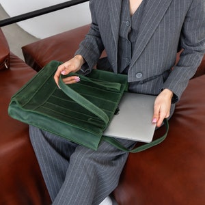 Green tote bag for women, Leather soulder tote bag, Large tote bag with zipper, Leather laptop tote, Laptop work bag women, Messenger bag