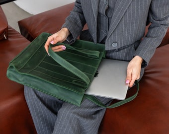 Green tote bag for women, Leather soulder tote bag, Large tote bag with zipper, Leather laptop tote, Laptop work bag women, Messenger bag