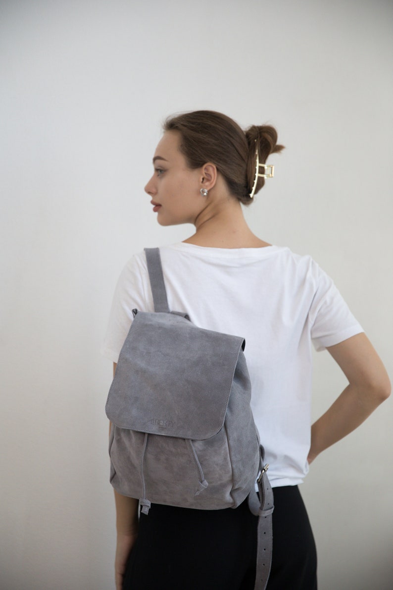 Small leather suede backpack, Vintage backpack women, Suede bag, Mini leather backpack, Soft Suede backpack, Suede handmade backpack light gray