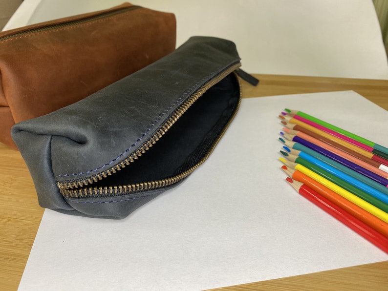 Personalised Leather Square Pencil Case, Custom Zipper Pouch, Custom Pen Case, Leather pencil roll, Paint Brush Holder image 7
