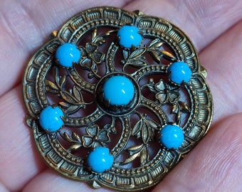 Antique brass and turquoise glass button