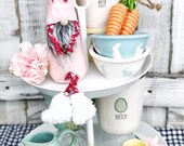 Nordic Easter Bunny Gnome, gift basket for her, pink felt tomte tiered tray decor