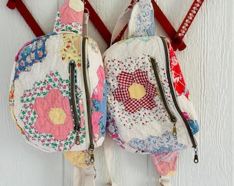 Vintage Quilt Bum Bag: Grandmother's Flower Garden Fanny Pack, Cottagecore Style