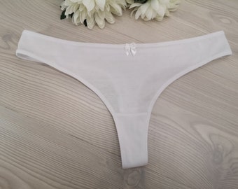 1PCS 100% Organic White Cotton Comfy Ladies Thong Panties With Cute Bow  Women's Underwear Handmade Bridal Lingerie