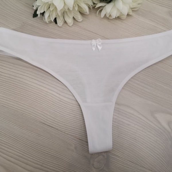 1PCS 100% Organic White Cotton Comfy Ladies Thong Panties With Cute Bow  Women's Underwear Handmade Bridal Lingerie