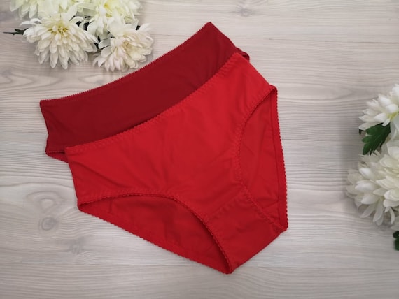 2PCS SET 100% Organic Cotton Red Comfy Ladies Hipster Panties Cute Cotton  Women's Underwear Handmade Panty Lingerie Sweet Bridal Gift 