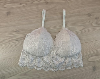 White Elastic Lace Bralette with pads Women's Underwear Handmade Lingerie Bridal Gift