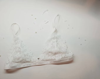Reggiseno a triangolo con ciglia in pizzo elastico bianco, set di lingerie in pizzo, intimo da donna, lingerie fatta a mano, regalo da sposa