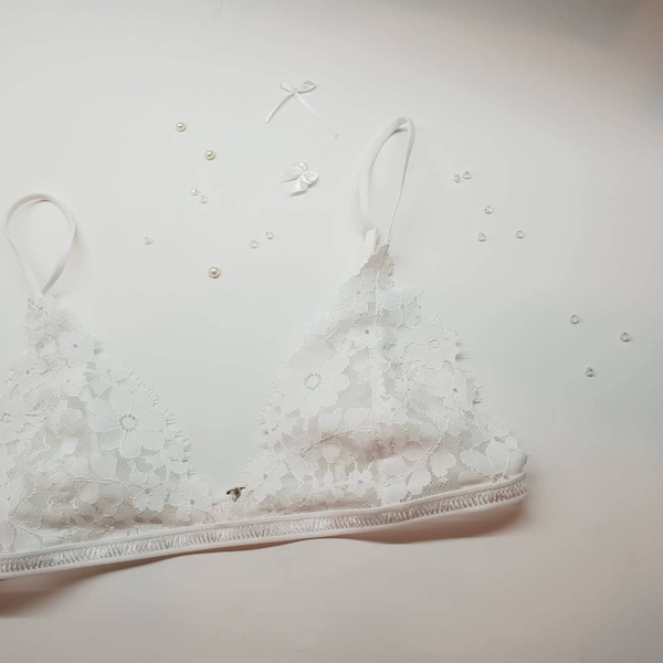 Bralette à cils en dentelle élastique blanche, soutien-gorge Triangle, ensemble de Lingerie en dentelle, sous-vêtements pour femmes, Lingerie faite à la main, cadeau de mariée