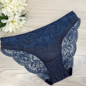 1PCS Organic 100% Cotton Denim blue Soft Lace Ladies Romantic Hipster Panty Cute Women&#39;s Handmade Bridal Lingerie