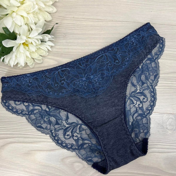 1PCS Organic 100% Cotton Denim blue Soft Lace Ladies Romantic Hipster Panty Cute Women's Handmade Bridal Lingerie