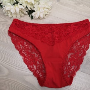 1PCS 100% Organic Cotton Bright red  Soft Lace Ladies Romantic Hipster Panty Cute Women&#39;s Handmade Bridal Lingerie