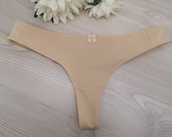 1PCS 100% Organic Beige Cotton Comfy Ladies Thong Panties With Cute Bow  Women's Underwear Handmade Bridal Lingerie