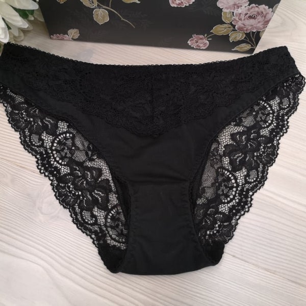 1PCS 100% Organic Cotton Black Soft Lace Ladies Romantic Hipster Panty Cute Women's Handmade Bridal Lingerie