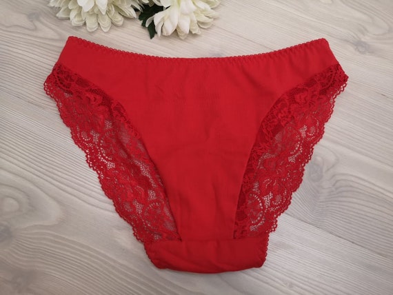 1PCS 100% Organic Cotton Bright Red Soft Lace Ladies Romantic Hipster Panty  Cute Women's Handmade Bridal Lingerie 
