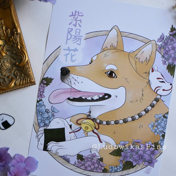 Ajisai Inu Print || Hortensien Hund Shiba Inu Corgi Onigiri Japanisch Glocke Japan