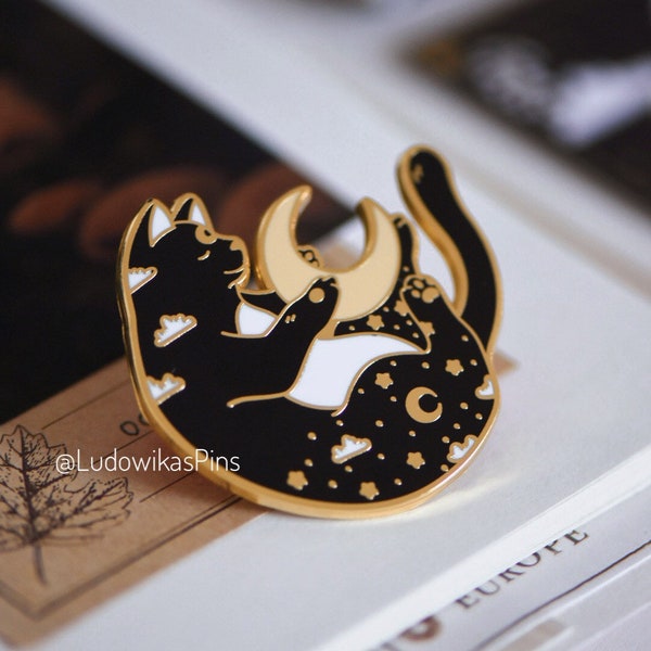 The Cat and The Moon Enamel Pin | starry stars neko magic