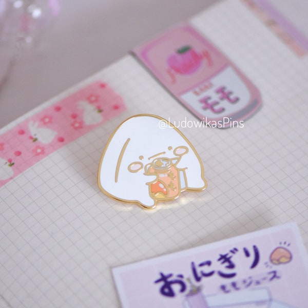 Momo Juice Onigiri || Peach juice riceball peach kawaii japanese japan pastel enamel pin pink gold