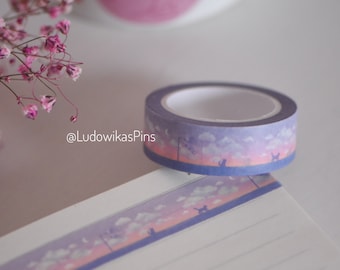 Sunset Cat Washi Tape || Lila Pastell Wolken koinobori kawaii bujo planner