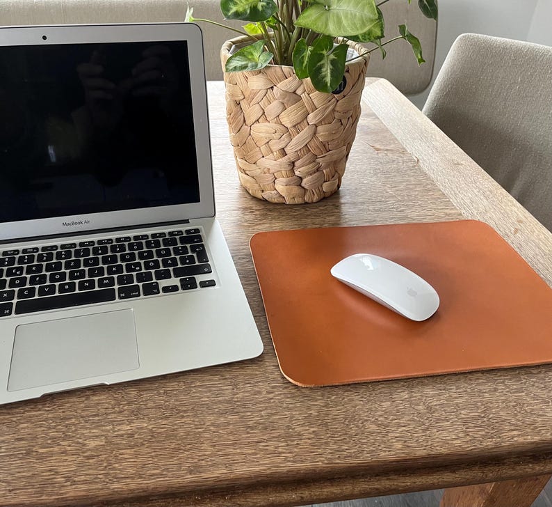 May include: A brown leather mouse pad with a white wireless mouse on a wooden desk. A laptop computer and a potted plant are also on the desk.
