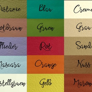 May include: A color chart with 15 different leather swatches. The swatches are labeled with the following colors in German: Pistazie, Rotbraun, Flieder, Mascara, Pastellgruen, Blau, Gruen, Rot, Orange, Gelb, Creme, Grau, Sand, Nuss, Marone.