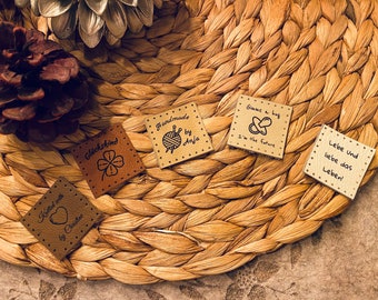 Personalized tags with a picture made of real leather / upcycling / sew-on labels for handmade items, gifts, clothing and hats