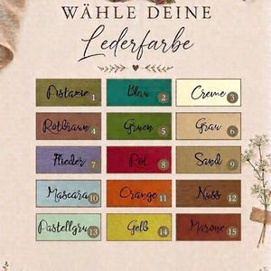 Peut inclure: Un nuancier intitul&eacute; W&Auml;HLE DEINE Lederfarbe pr&eacute;sentant quinze &eacute;chantillons rectangulaires num&eacute;rot&eacute;s dans diverses teintes, notamment pistache, bleu, cr&egrave;me, brun-rouge, vert, gris, lilas, rouge, sable, mascara, orange, noisette, vert pastel, jaune et ch&acirc;taigne.