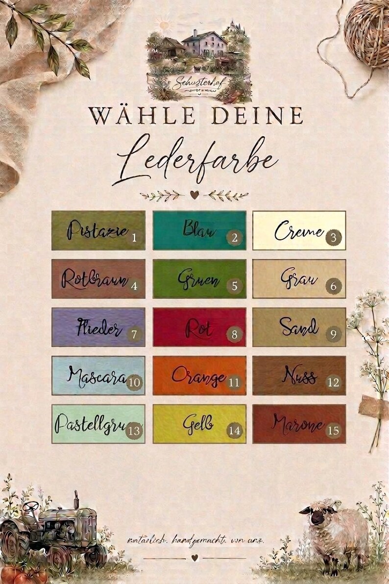 Peut inclure: Un nuancier intitul&eacute; W&Auml;HLE DEINE Lederfarbe pr&eacute;sentant quinze &eacute;chantillons rectangulaires num&eacute;rot&eacute;s dans diverses teintes, notamment pistache, bleu, cr&egrave;me, brun-rouge, vert, gris, lilas, rouge, sable, mascara, orange, noisette, vert pastel, jaune et ch&acirc;taigne.