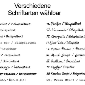 May include: A list of 20 different fonts with example text in each font. The text reads "Verschiedene Schriftarten w&auml;hlbar" which translates to "Various fonts selectable".