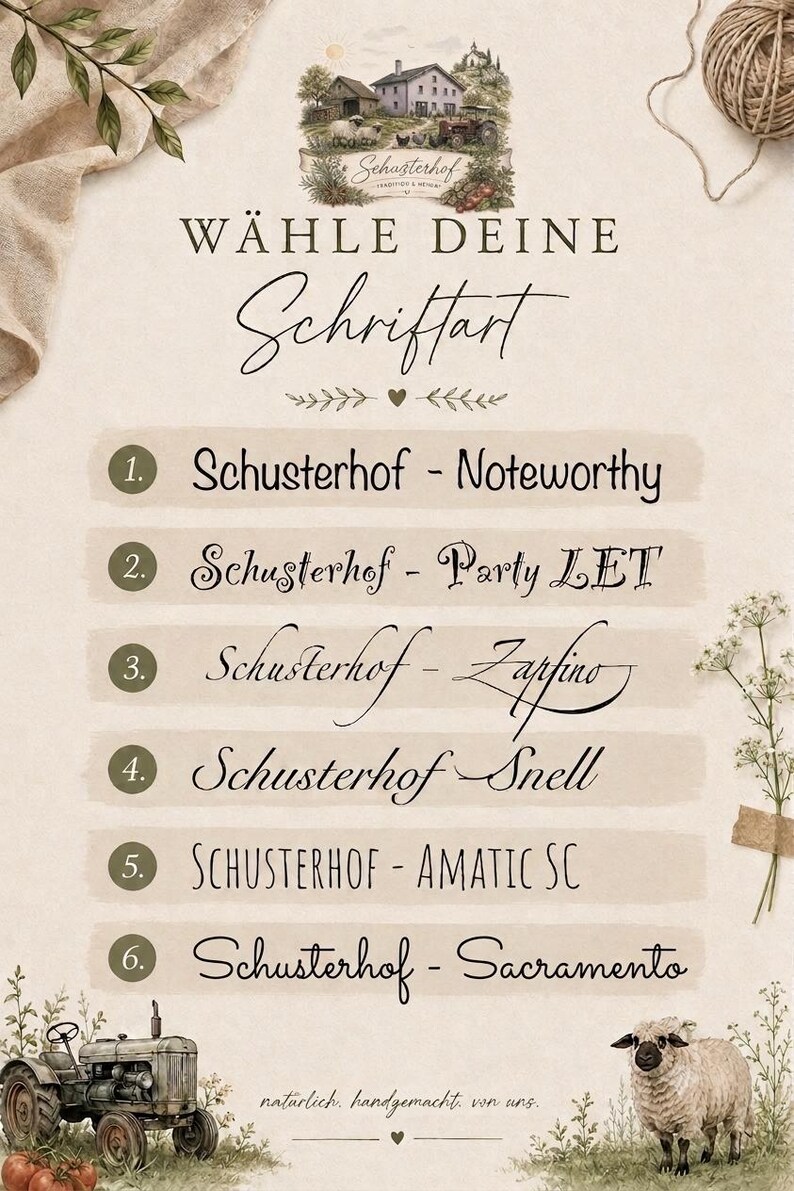 Peut inclure: Un tableau de s&eacute;lection de polices avec le texte W&Auml;HLE DEINE Schriftart et six options num&eacute;rot&eacute;es : 1. Schusterhof - Noteworthy, 2. Schusterhof - Party LET, 3. Schusterhof - Zapfino, 4. Schusterhof - Snell, 5. SCHUSTERHOF - AMATIC SC, 6. Schusterhof - Sacramento.